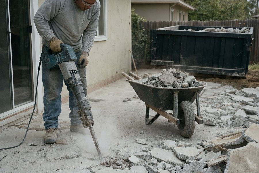 Worker breaking up a concrete patio with a jackhammer