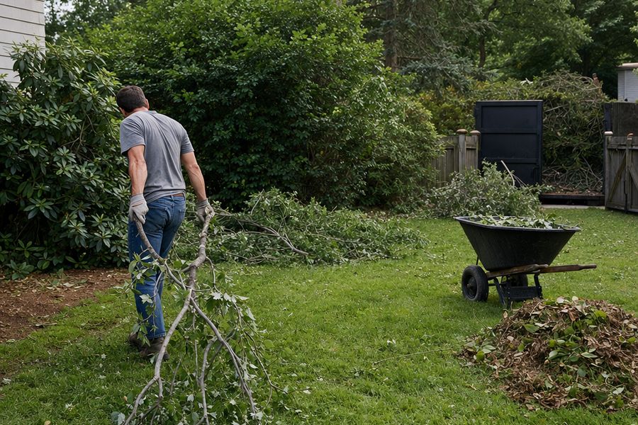 Person dragging a cut tree limb across a yard during cleanup